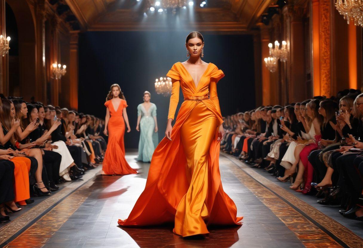 A confident model strutting down a vibrant catwalk, showcasing graceful poses and passionate expressions, surrounded by glamorous spotlights and an admiring audience. The background features elegant fashion designs and rich textures, emphasizing the art of modeling. Capture the energy and elegance of the scene with a focus on movement and style. super-realistic. vibrant colors. dramatic lighting.